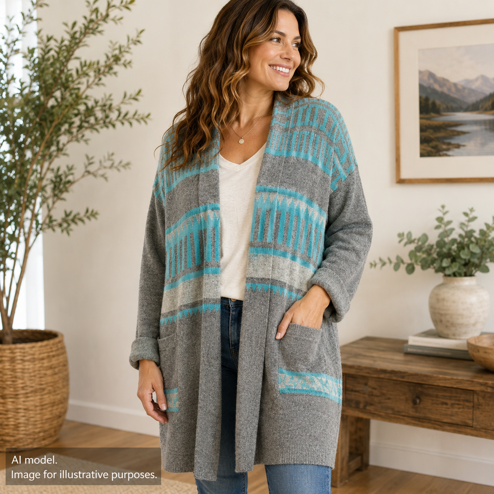 Sundance Sweater Women S Gray Aqua Aztec Cashmere Wool Cotton Cardigan Duster